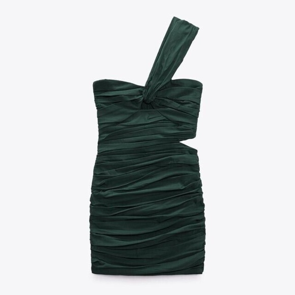 NWT Zara One Shoulder Asymmetric Dark Green Mini Dress XS - Picture 3 of 7